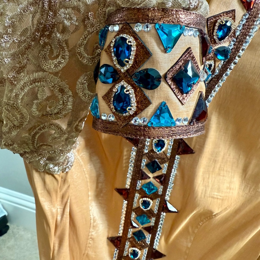 Davlyn Designs Gold and Brown Embellished Reining/Western Riding  Show Shirt - Picture 5 of 10